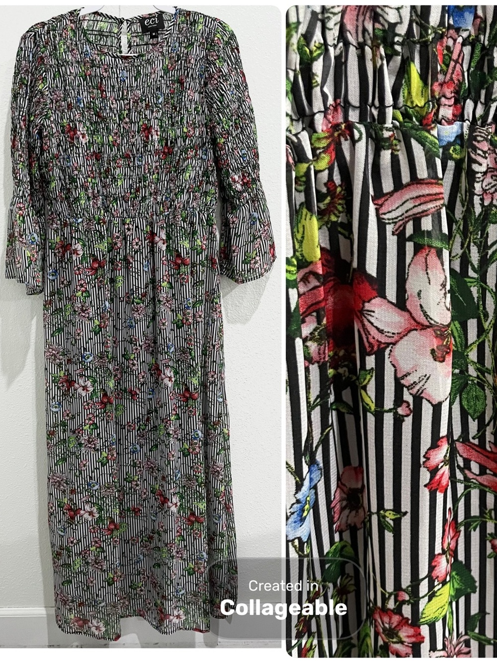 ECI Floral Striped Maxi Dress Smocked Casual Cottage